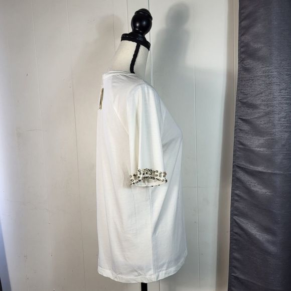 MAJE Whote Rhinestone Sleeve Relaxed Fit Crew Neck Tee Size 2 - Picture 3 of 5